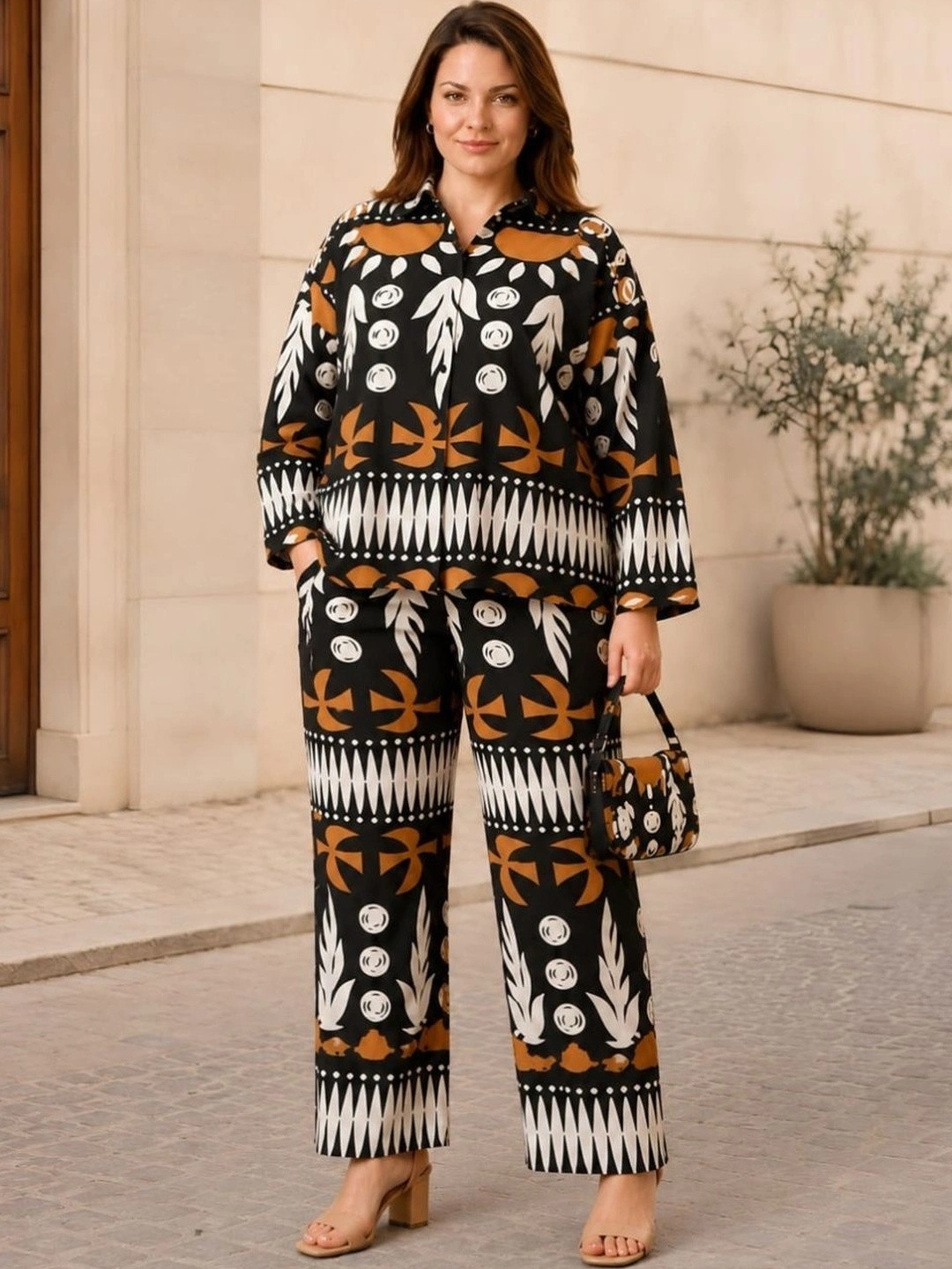 CURVY STREET Bohemian Cotton Printed Shirt with Trousers