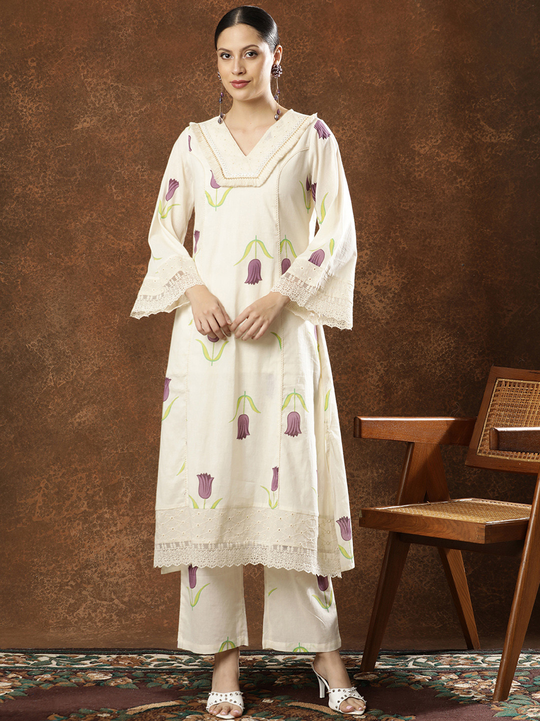 Anouk Women Floral Printed Lace with Schiffli Work Cotton Kurta & Palazzo