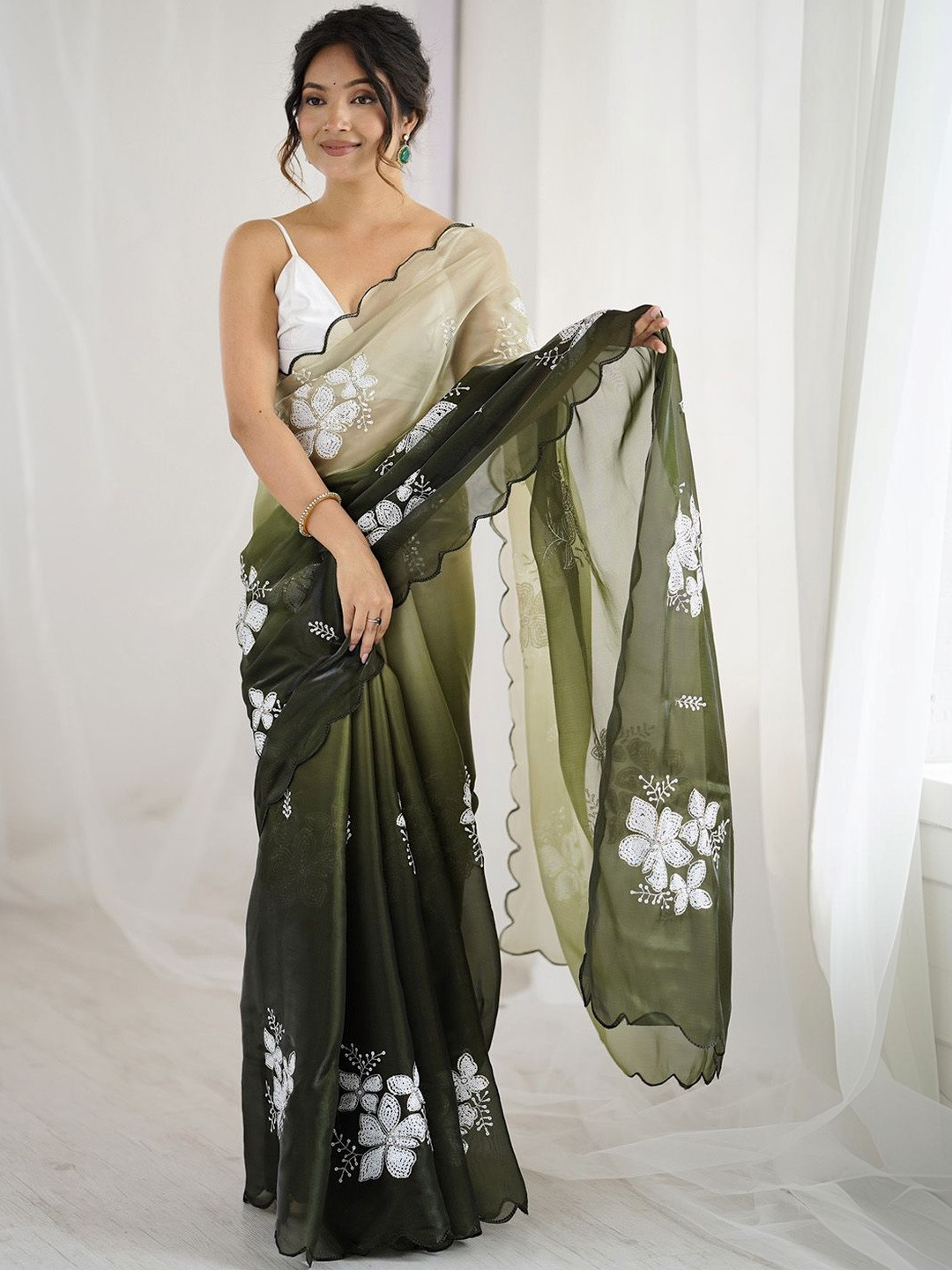Anouk Floral Embroidered Organza Designer Saree
