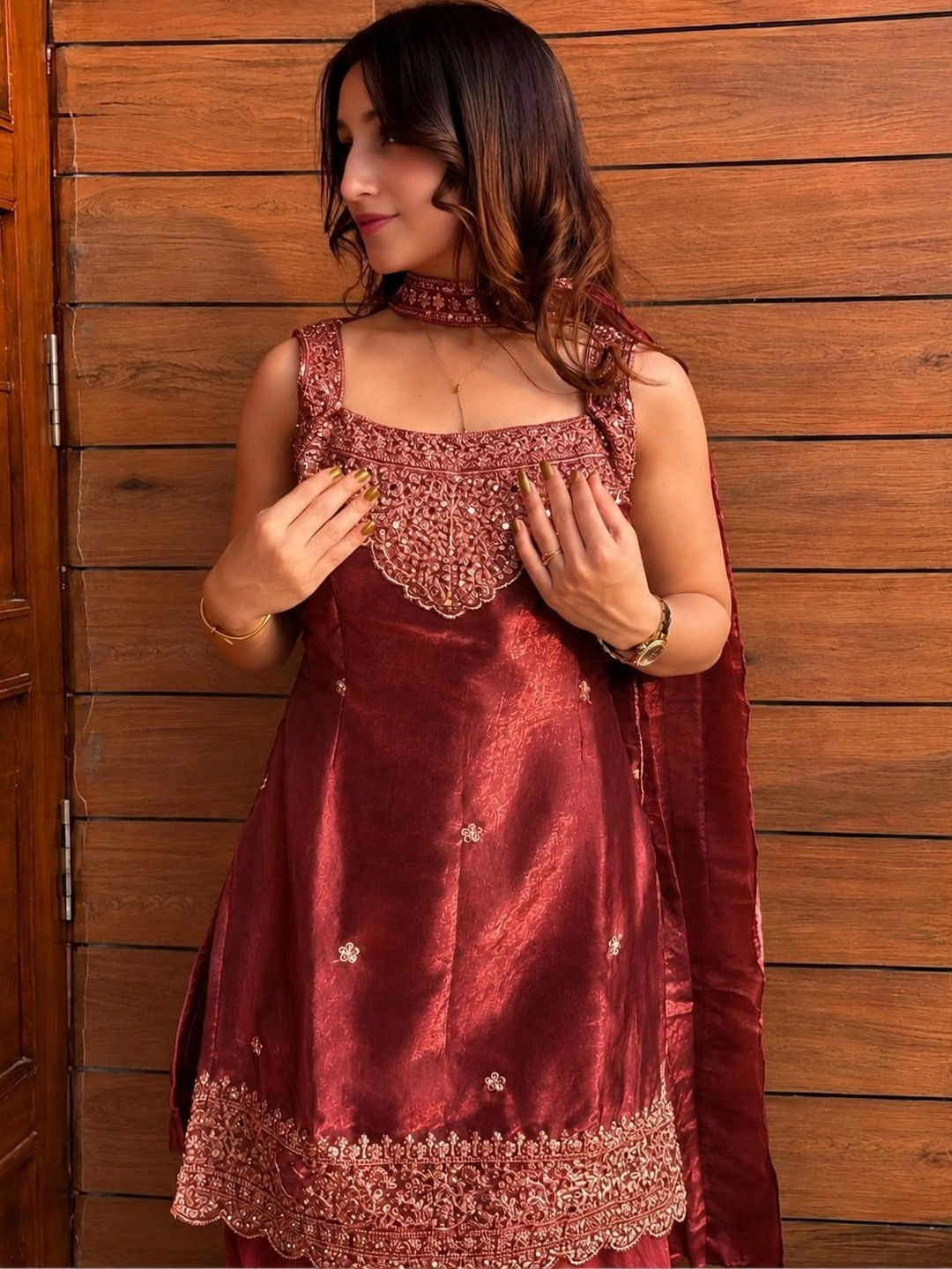 HERE&NOW Women Ethnic Motifs Embroidered Regular Kurta with Sharara & With Dupatta