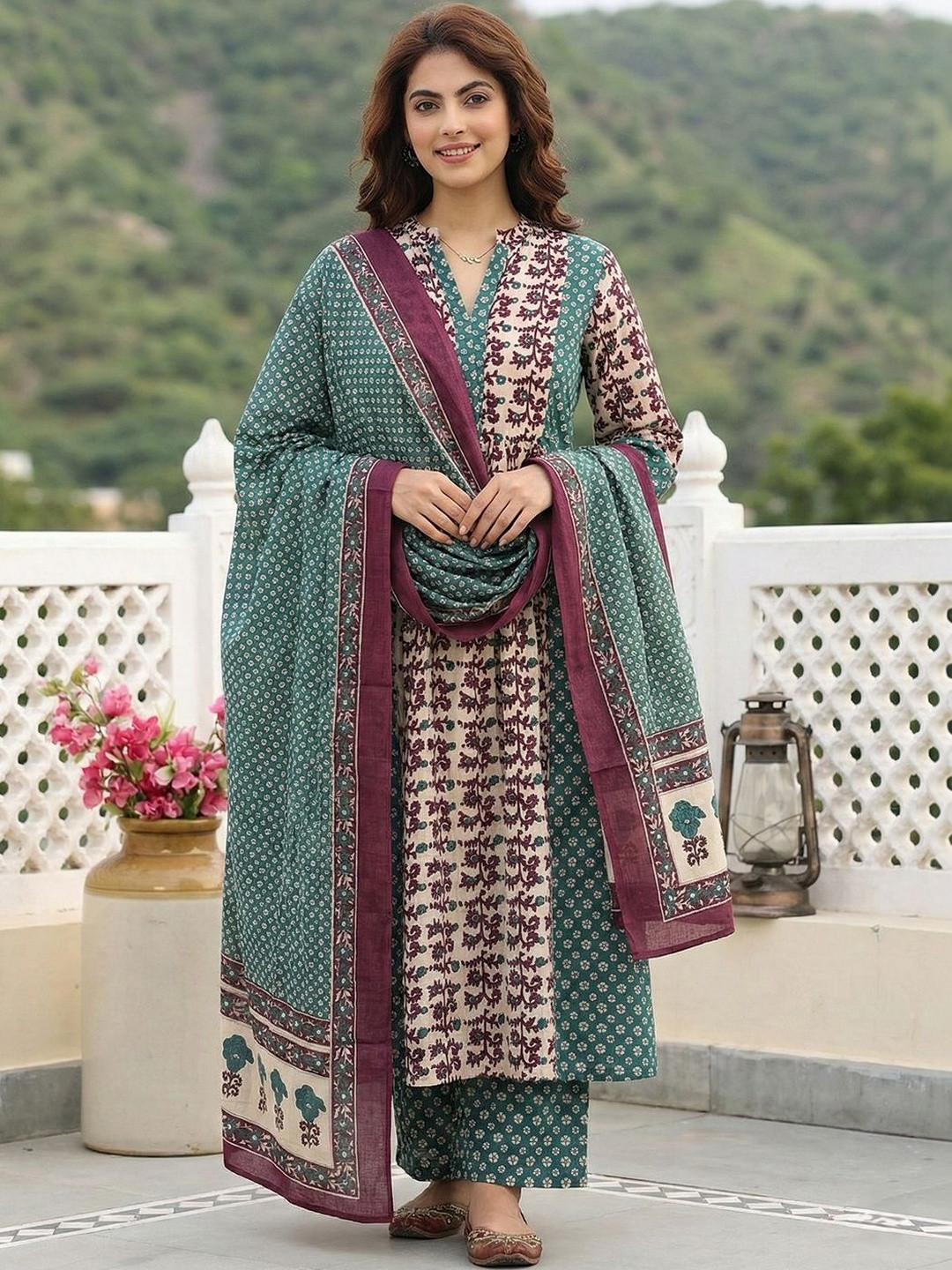 Anouk Women Floral Printed Regular Pure Cotton Kurta with Trousers & With Dupatta