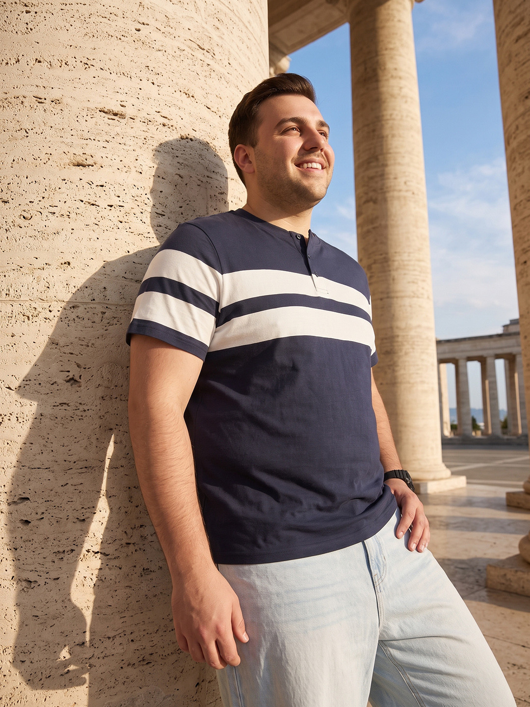Sztori Plus Size Striped Henley Neck Pure Cotton T-shirt