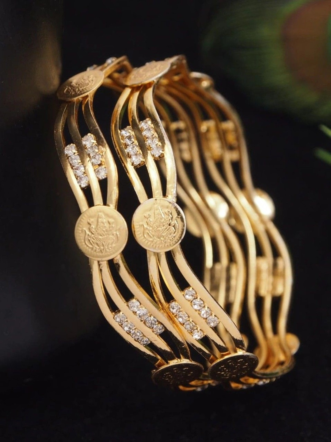 SGA FASHION Set Of 2 Gold-Plated American Diamond Stones Studded Bangles