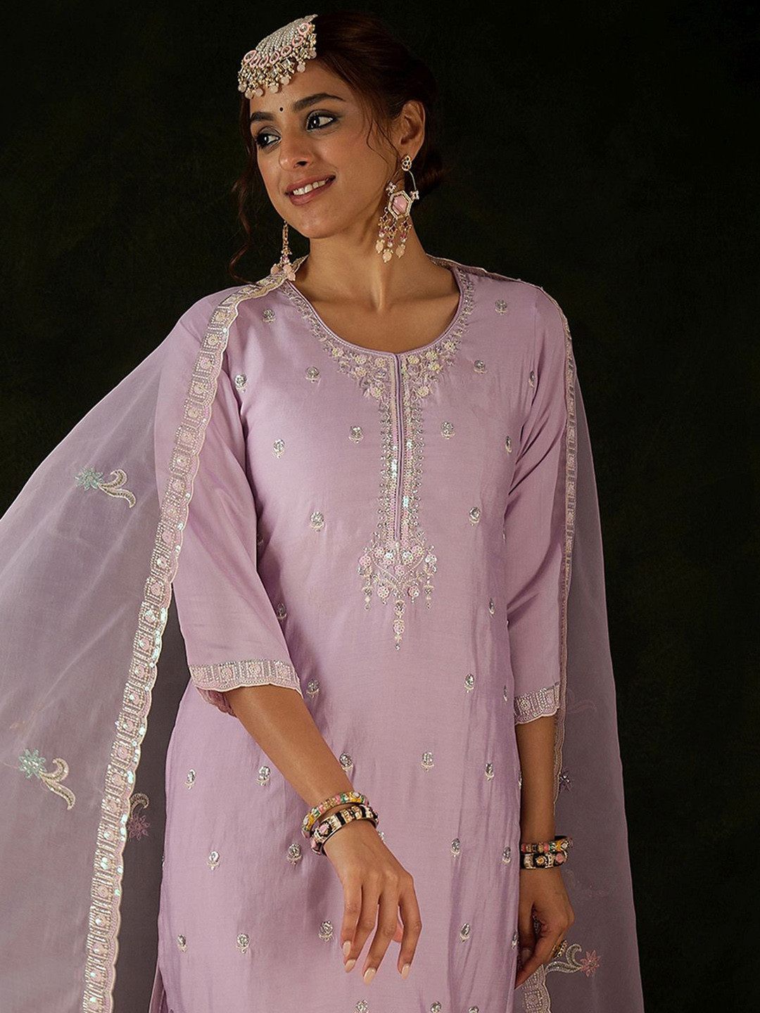 Anouk Floral Embroidered Kurta With Trousers & Dupatta