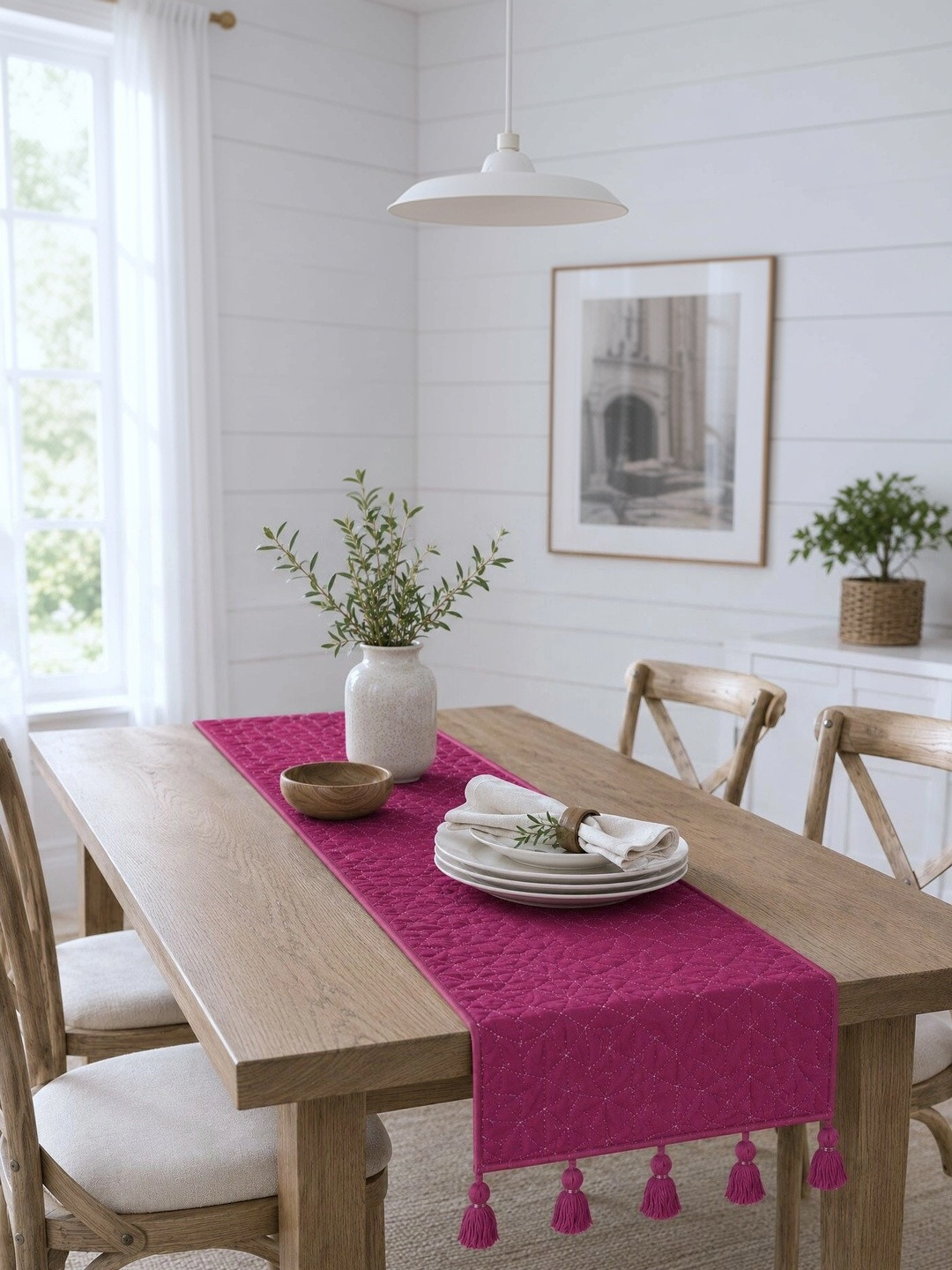 eyda Pink Solid Quilted Decorative 6 Seater Dining Table Runners