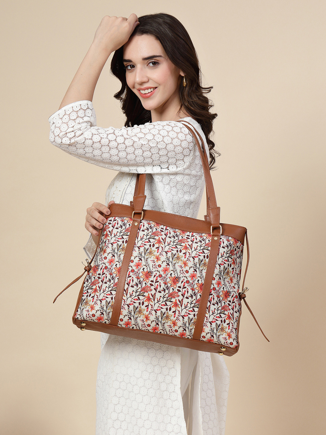 Anouk Women Brown Floral Printed PU Structured Tote Bag