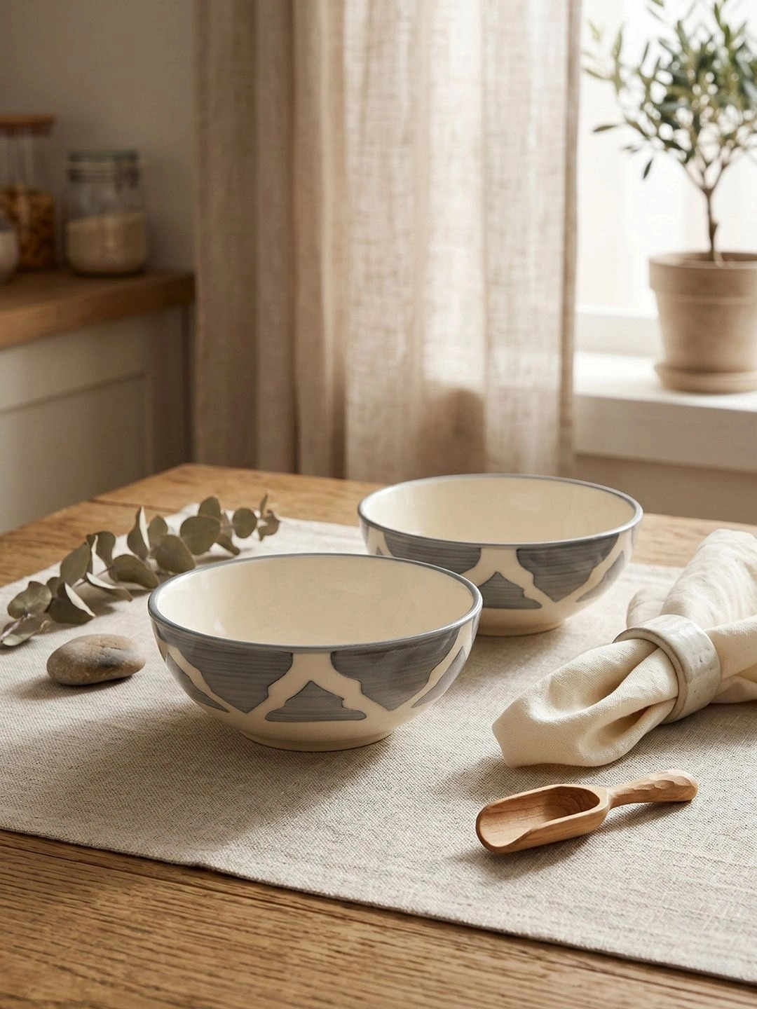 YELONA Grey Melange 2 Pcs Ethnic Printed Ceramic Microwave Safe Ceramic Serving Bowls