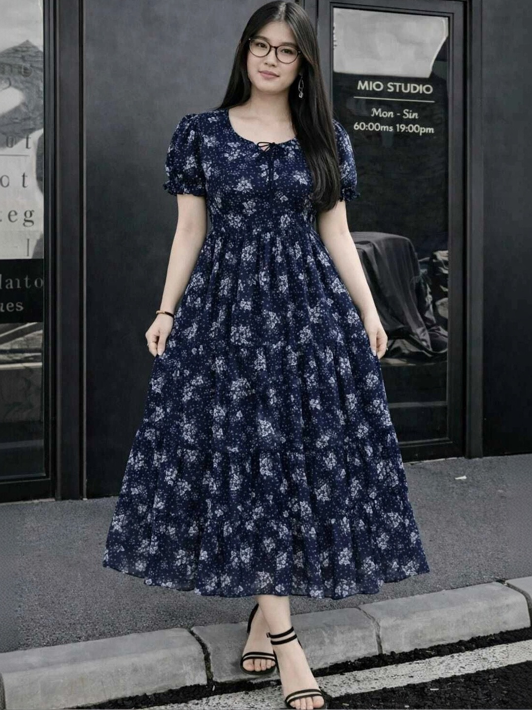 RKK COLLECTION Floral Print Puff Sleeve Georgette A-Line Maxi Dress