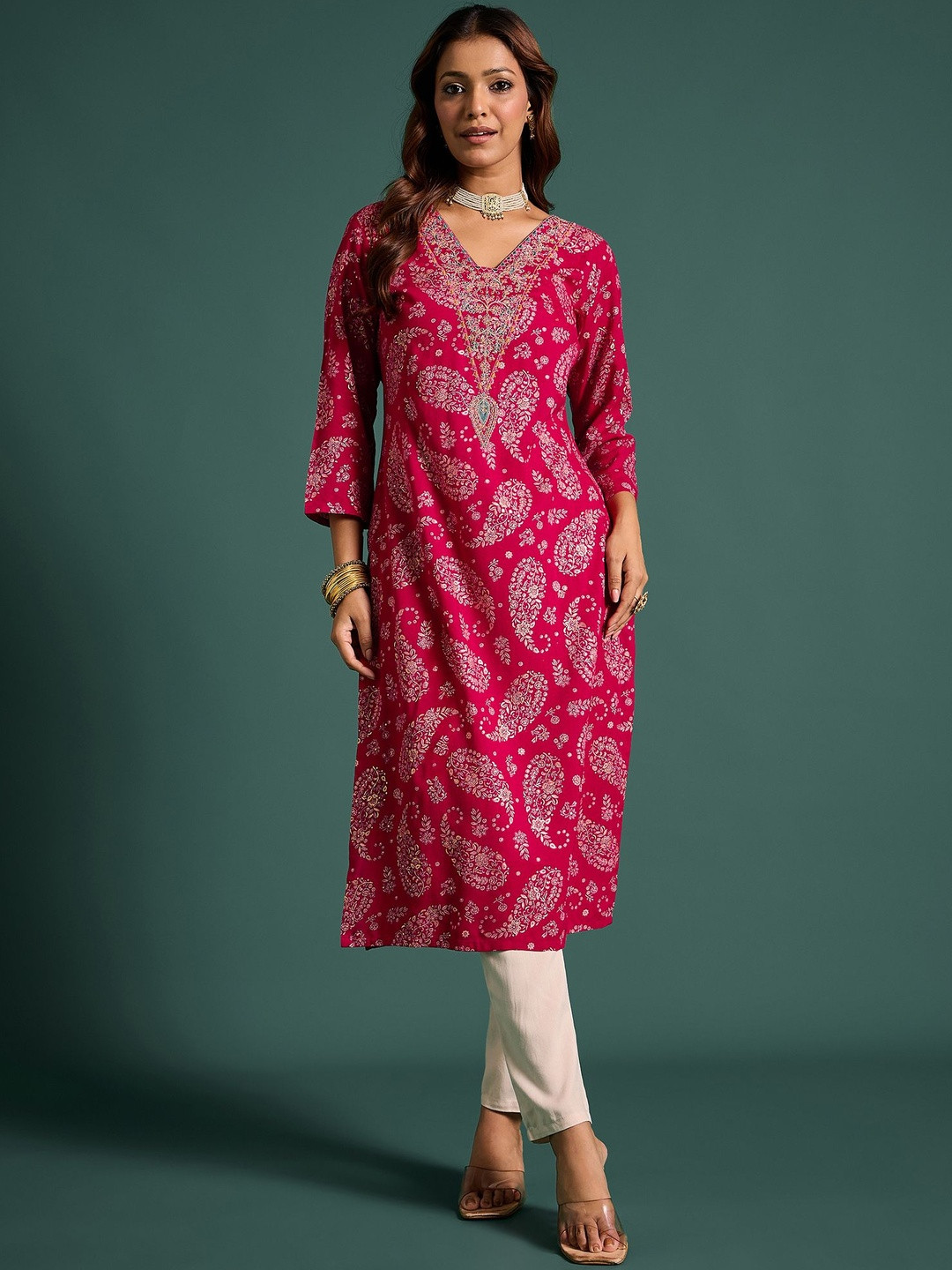 Anouk Women Paisley Print Embroidered Straight Kurta