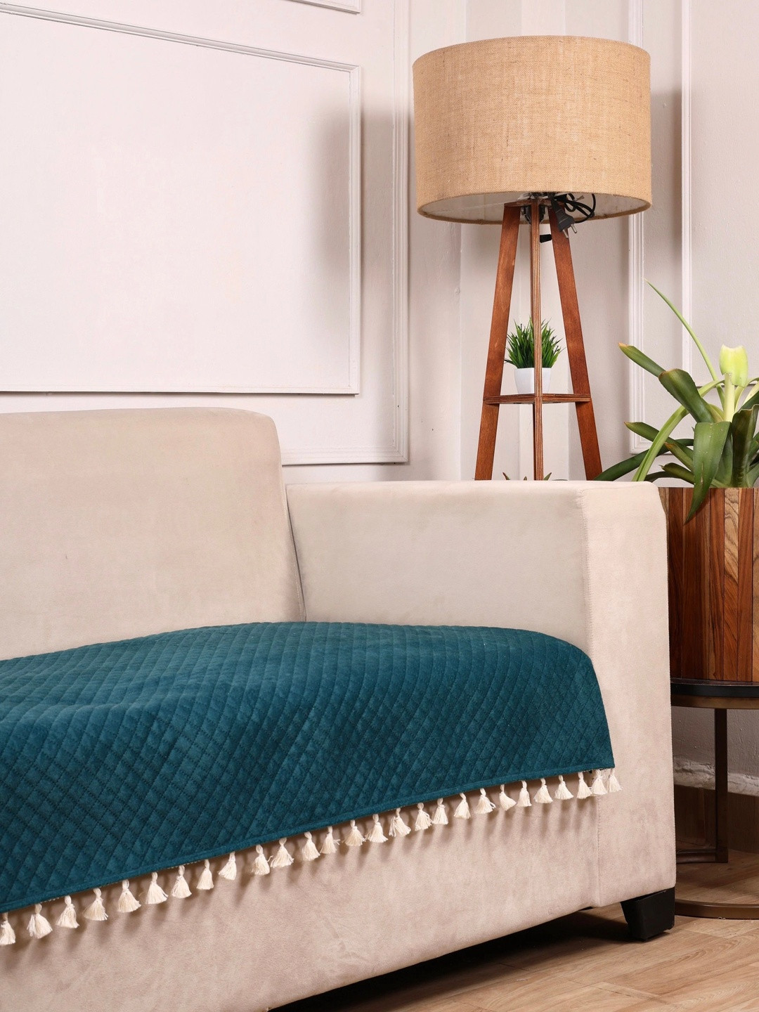 STITCHNEST Teal Geometric Faux Suede Fade Resistant Straight 2 Seater Sofa Cover-