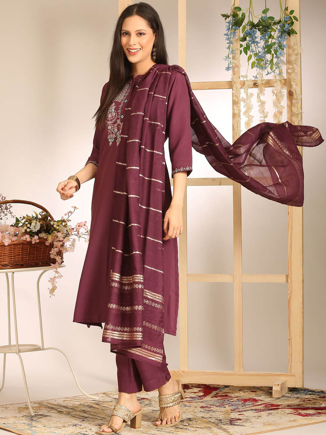 Anouk Embroidered Thread Work Straight Kurta With Trousers & Dupatta