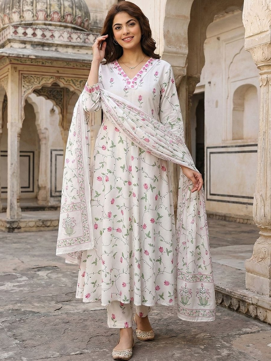 Anouk Women Floral Printed Panelled Pure Cotton Kurta with Trousers & With Dupatta