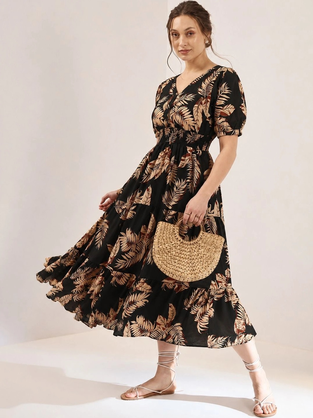 Black Tropical Print Puff Sleeve Midi Dress