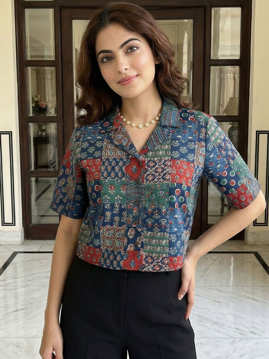 Anouk Mirage Print Ethnic Cotton Shirt Style Crop Top