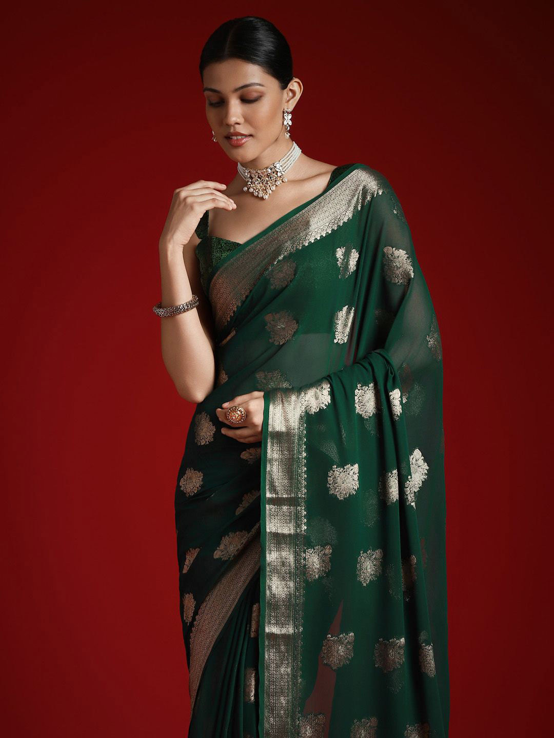 Anouk Ethnic Motifs Woven Design Zari Pure Georgette Banarasi Saree
