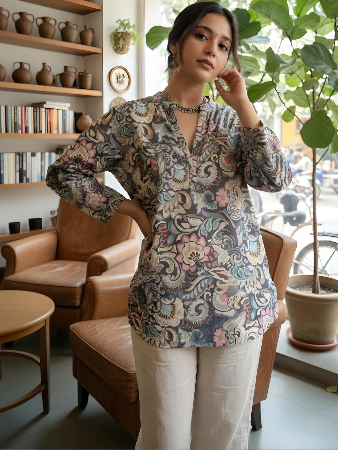 Anouk Mirage Ethnic Motifs Printed V-Neck Pure Cotton Kurti