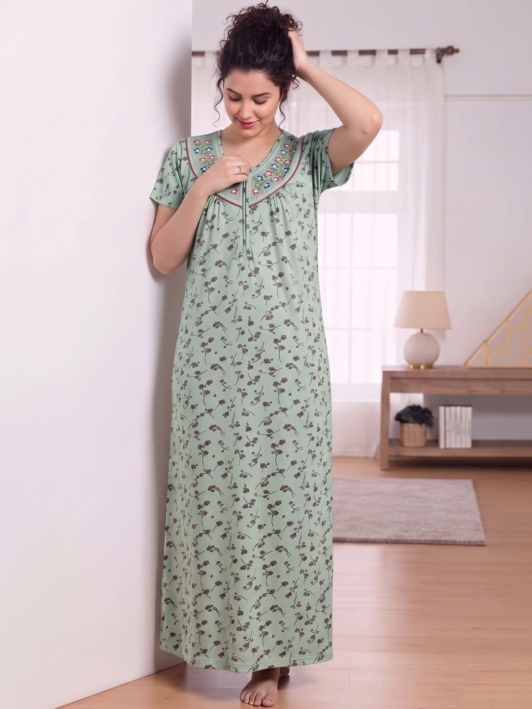 SENSLIFE Hosiery Cotton Mix Printed Nightdress Long Nighty