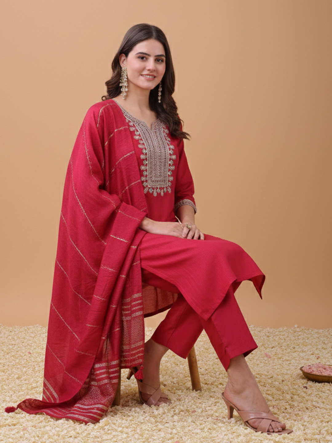 Anouk Mirage Women Ethnic Motifs Embroidered Regular Sequinned Kurta with Trousers & With Dupatta