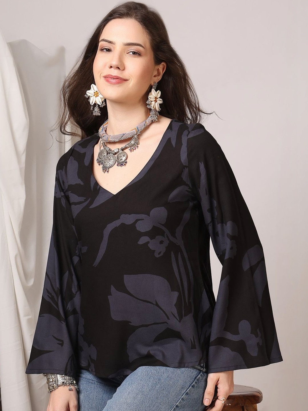 Anouk Floral Print Flared Sleeve Cotton Top