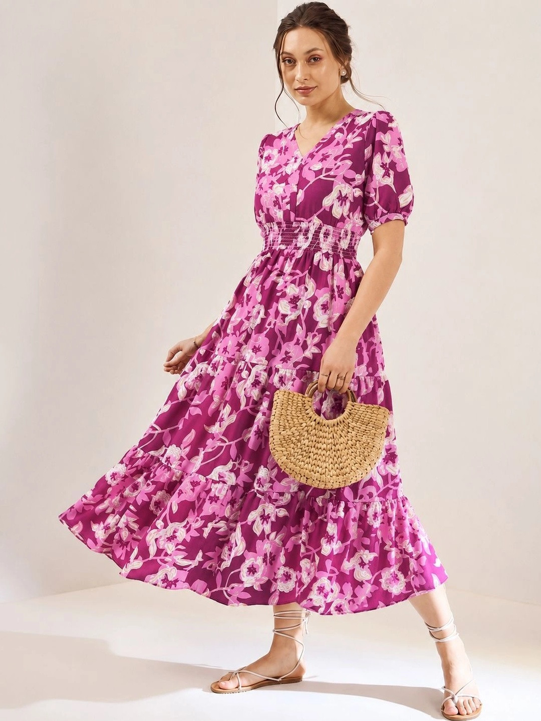 PTVIZE Floral Print Puff Sleeve A-Line Midi Dress