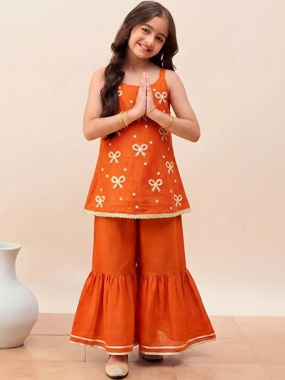 SHAHUDI DESIGNER Girls Embroidered Regular Thread Work Kurta with Palazzos