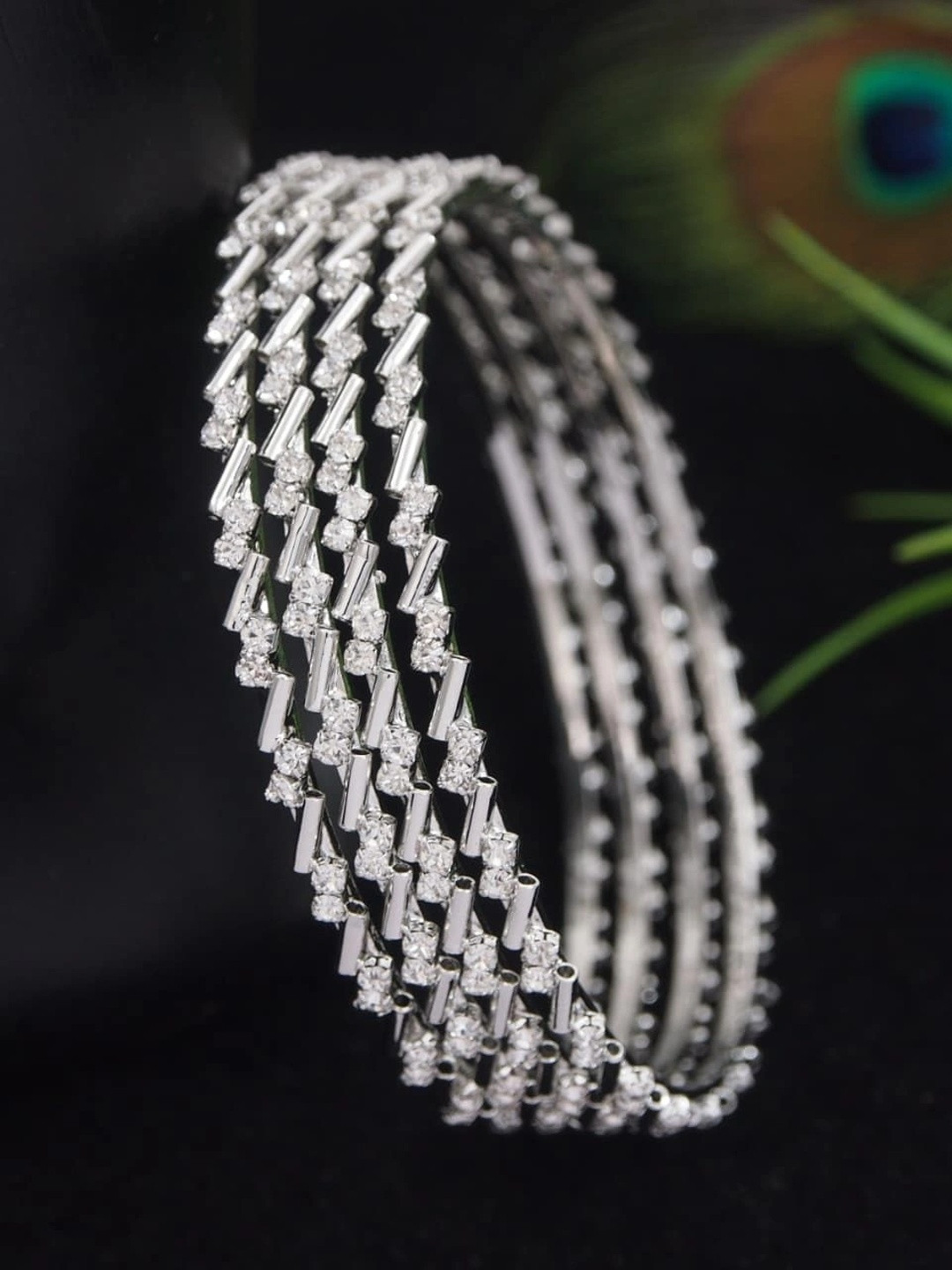 SGA FASHION Set Of 4 Silver-Plated American Diamond Stones Studded Bangles