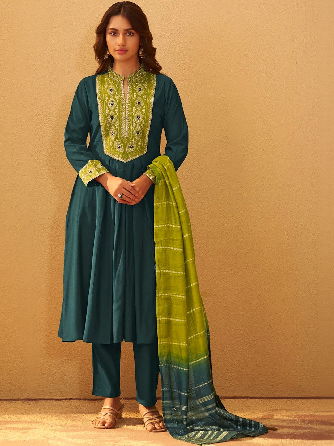Anouk Women Ethnic Motifs Embroidered Pleated Sequinned Kurta with Trousers & With Dupatta