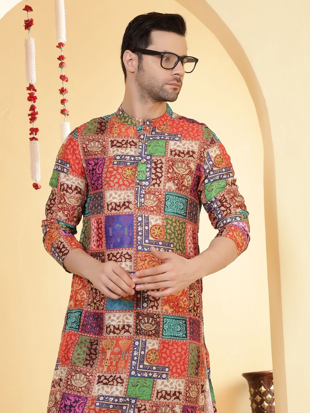 Anouk Men Geometric Printed Thread Work Mandarin Collar Long Sleeves Straight Kurta