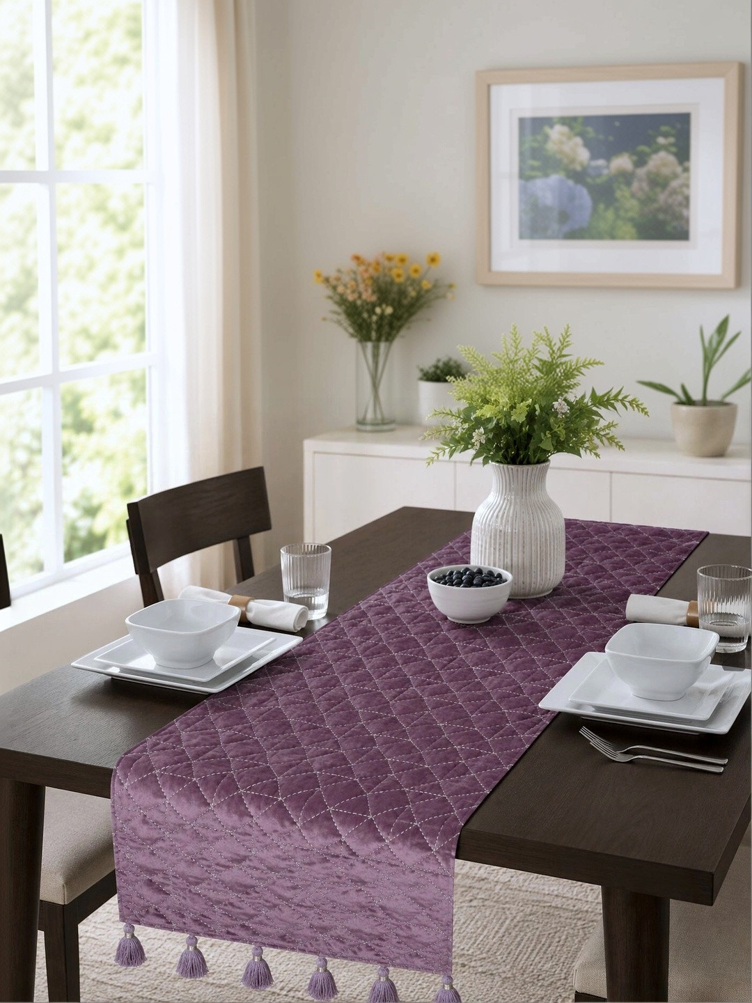 eyda Mauve Quilted 6 Seater Decorative Table Runner
