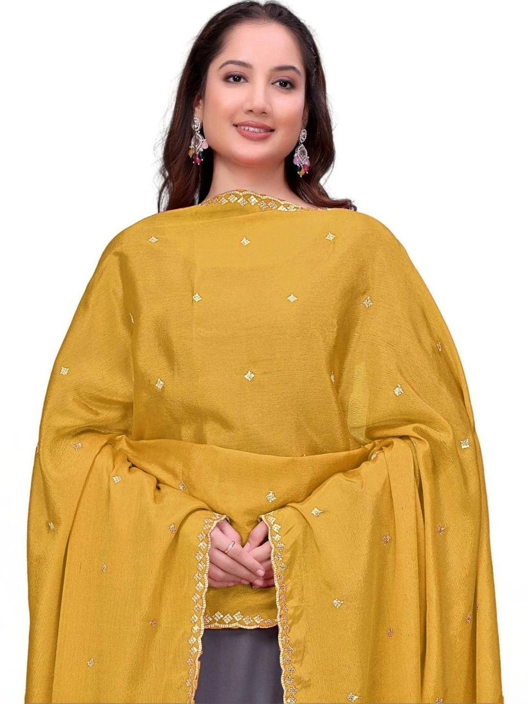 SEKMANY Ethnic Motifs Embroidered Art Silk Dupatta with Sequinned