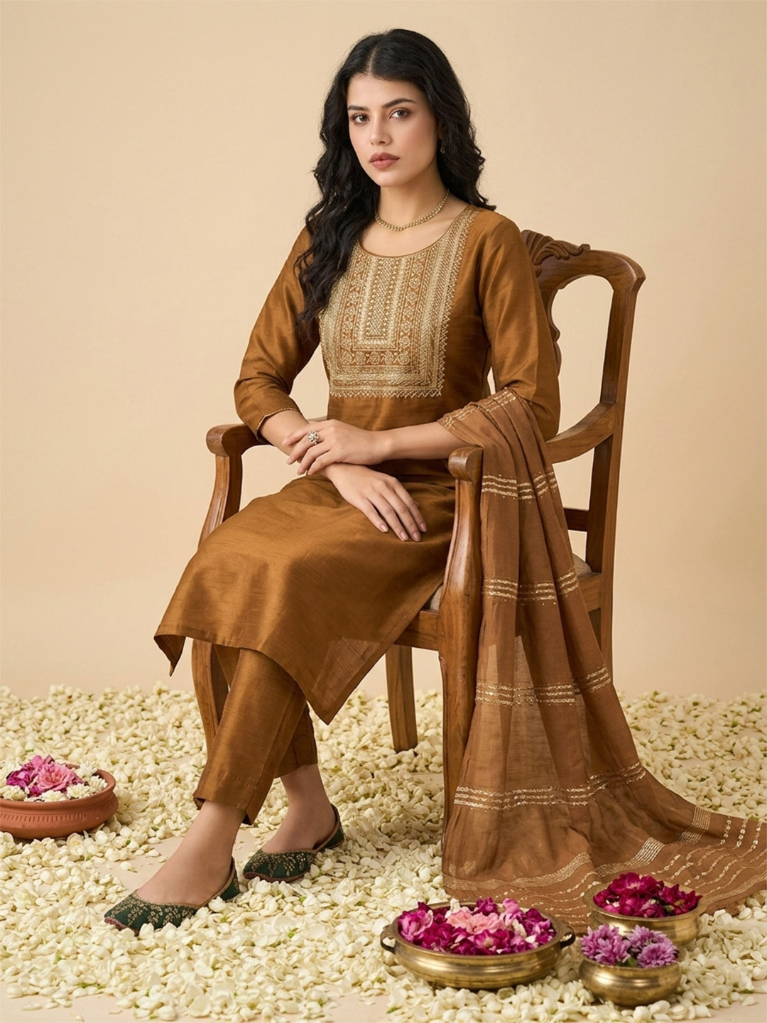 Anouk Mirage Women Ethnic Motifs Embroidered Regular Thread Work Kurta with Trousers & With Dupatta