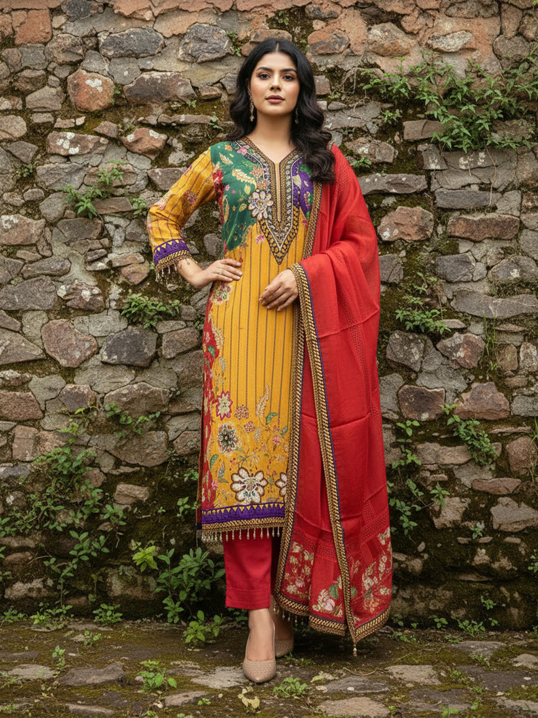 Anouk Women Floral Embroidered Regular Sequinned Silk Crepe Kurta with Trousers & With Dupatta