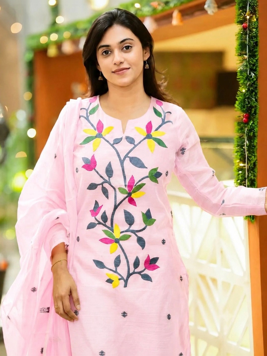 ZARVELA Women Ethnic Motifs Embroidered Regular Thread Work Pure Cotton Kurta with Trousers & With Dupatta