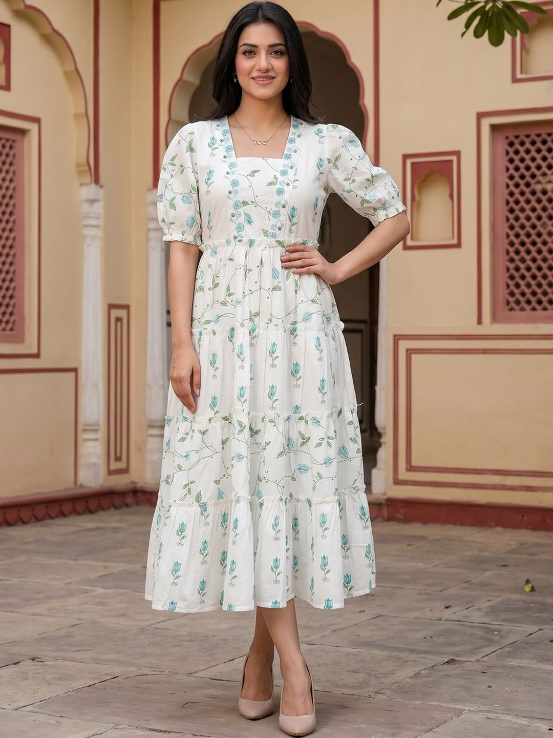 Anouk Floral Print Puff Sleeve A-Line Pure Cotton Midi Dress