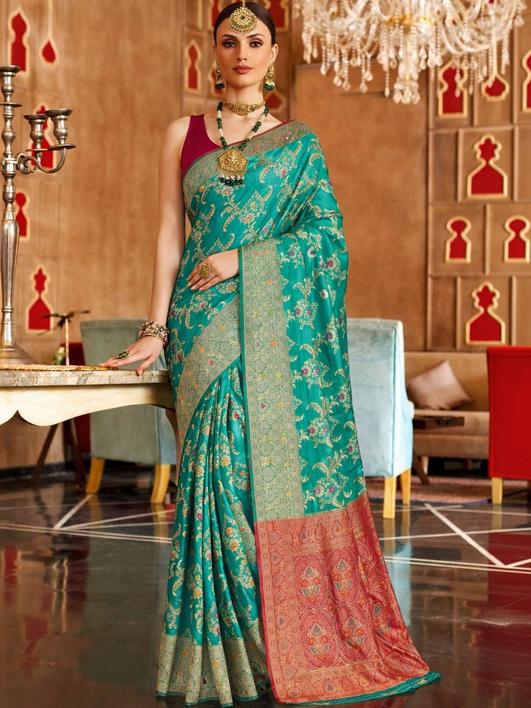 Anouk Floral Art Silk Heavy Work Banarasi Saree