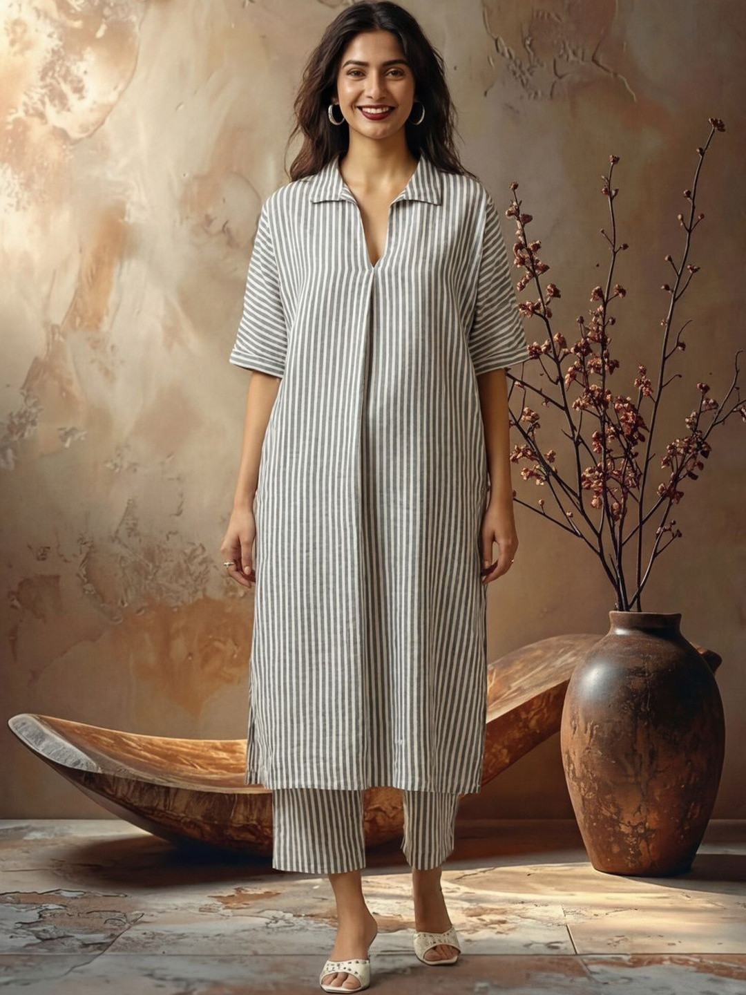 Anouk Women Striped Regular Pure Cotton Kurta with Trousers