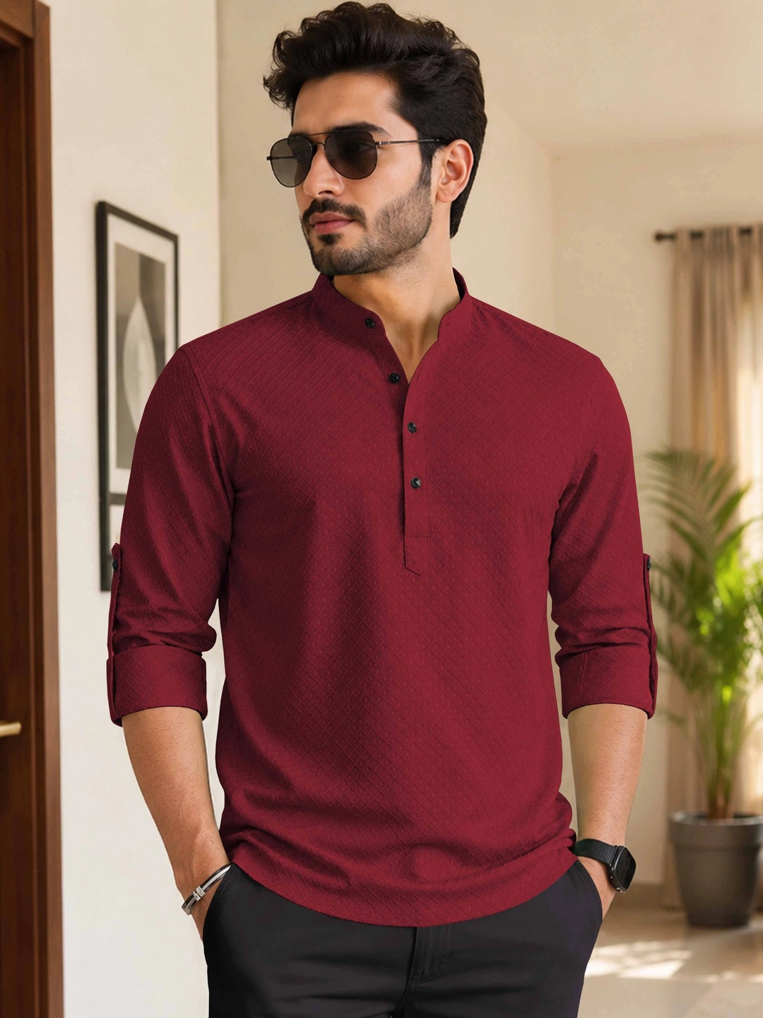 VeBNoR Men Thread Work Dobby Kurta