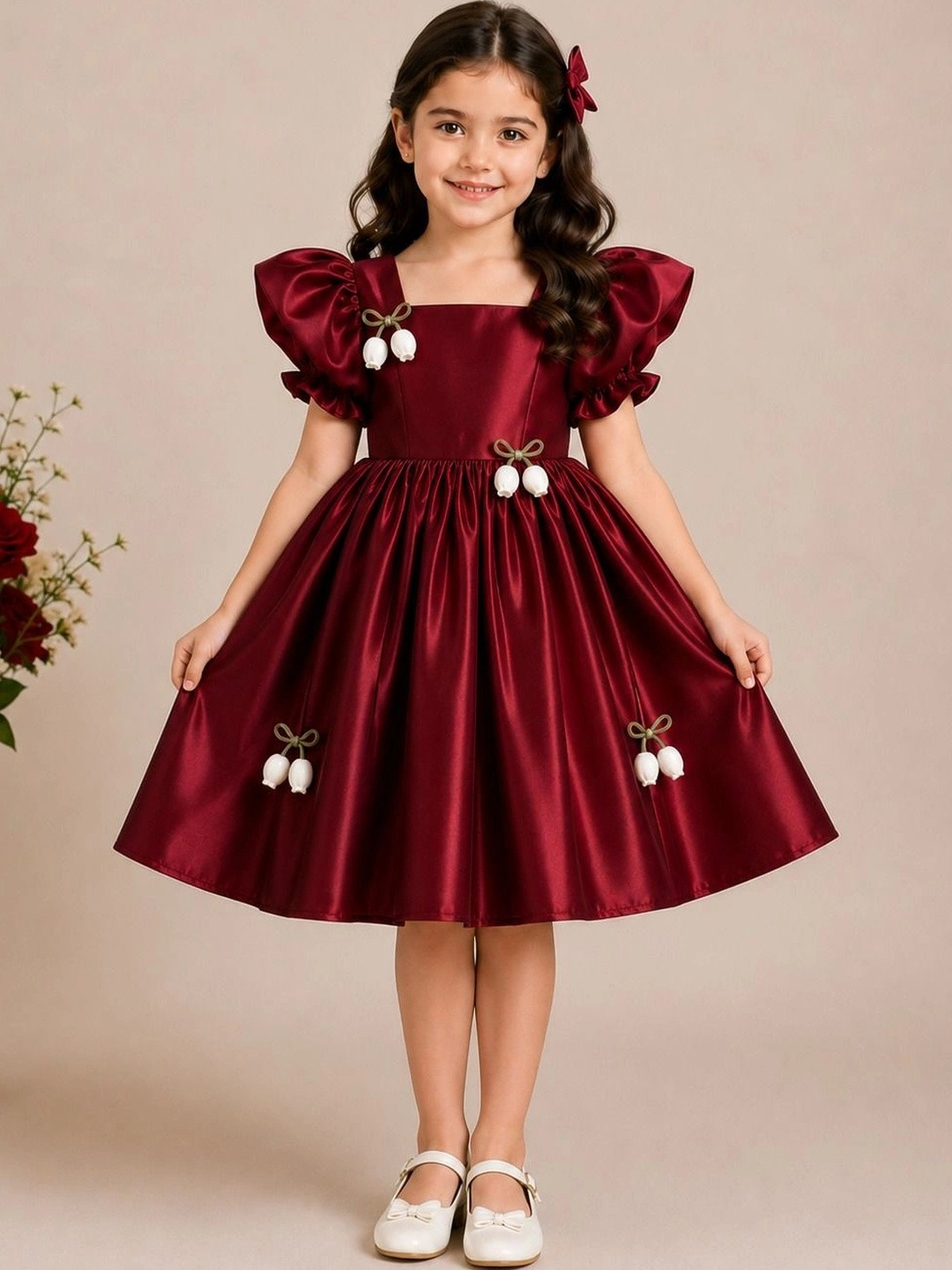 TILISM Girls Puff Sleeve Satin Fit & Flare Dress