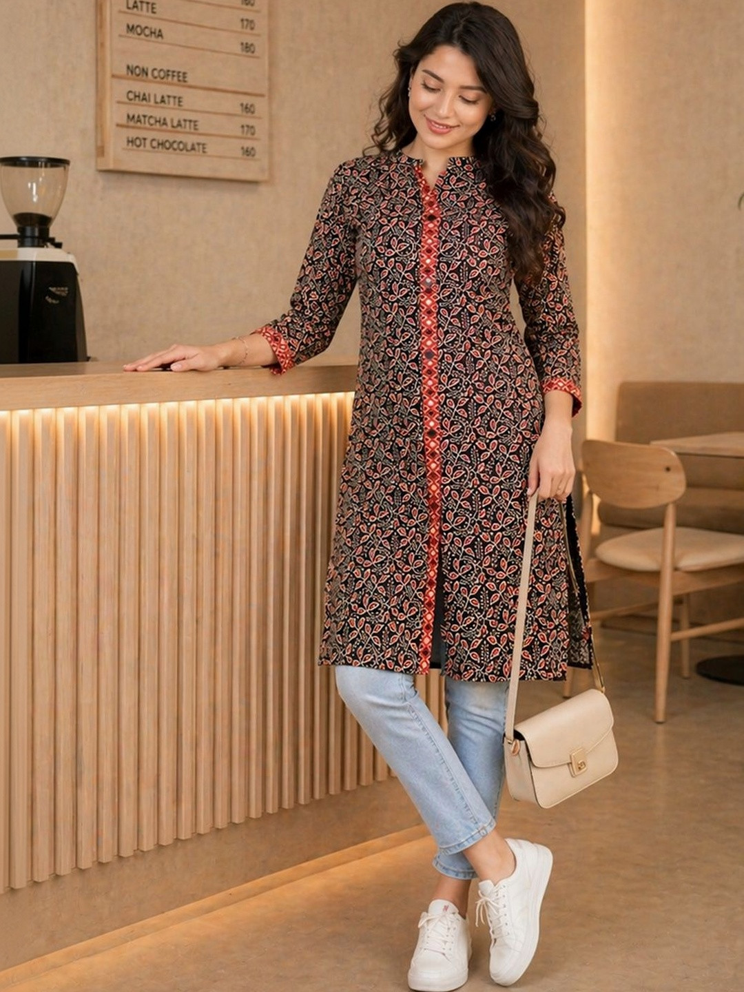 Anouk Women Black Printed Straight Polyester Knee Length Kurta with Mandarin Collar