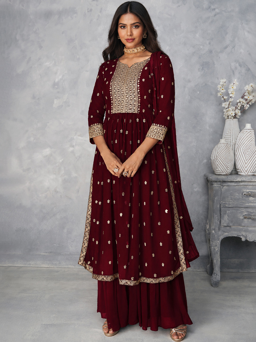 Xomantic Fashion Women Nyra Cut Embroidery Kurti Palazzo and Dupatta set