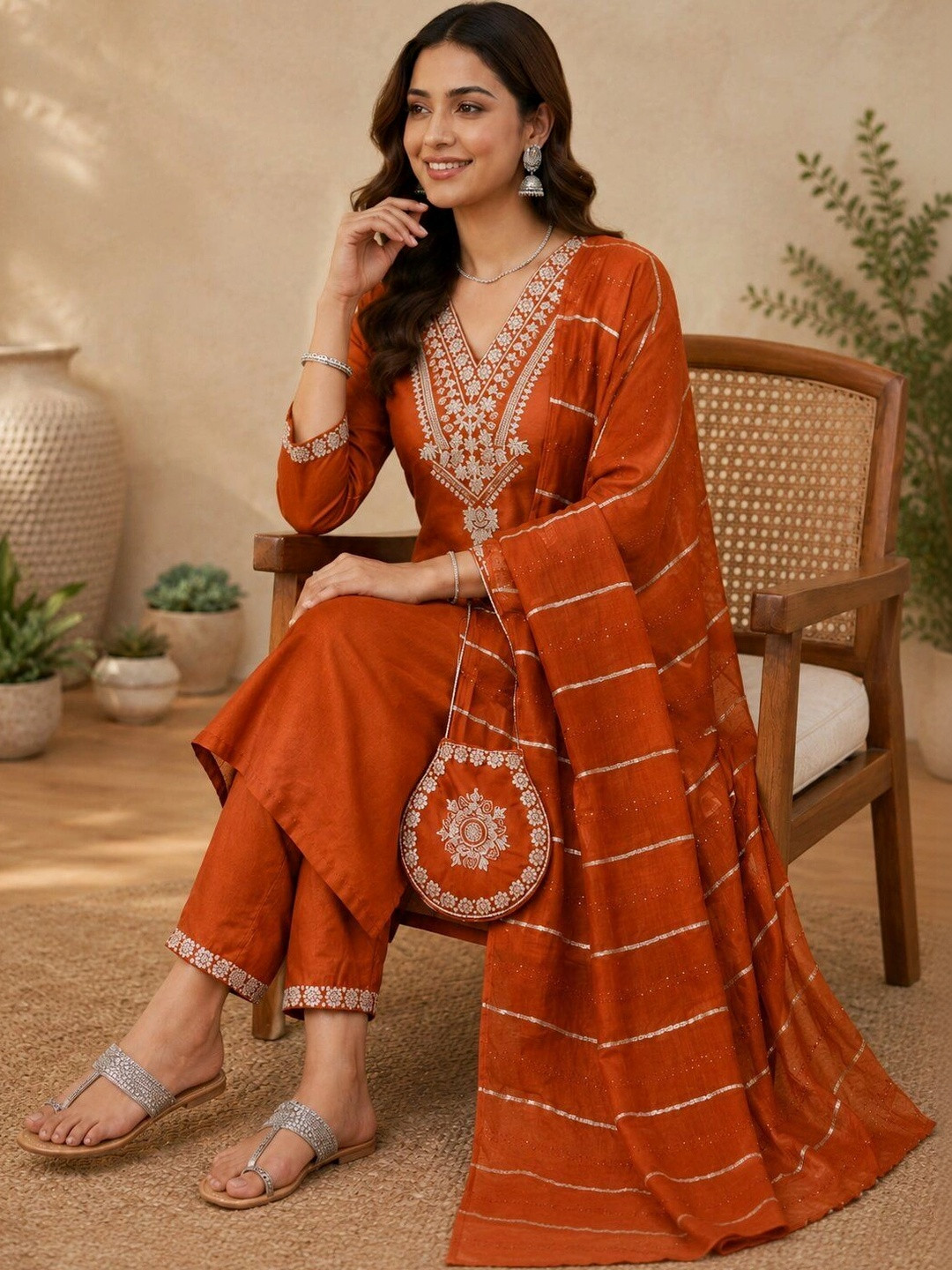 MITUDAY Women Ethnic Motifs Embroidered Regular Thread Work Pure Cotton Kurta with Trousers & With Dupatta