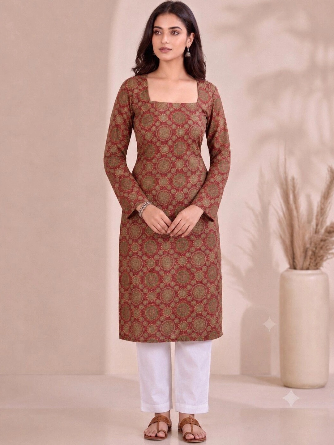 mudscare Ethnic Motifs Printed Square Neck Pure Cotton Kurti