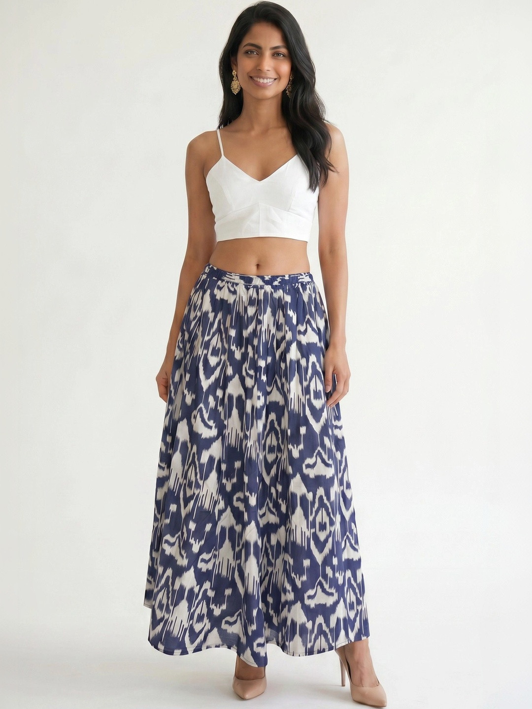 Hive91 Women Pure Cotton Abstract Tribal or Aztec Print Maxi Flared Skirt