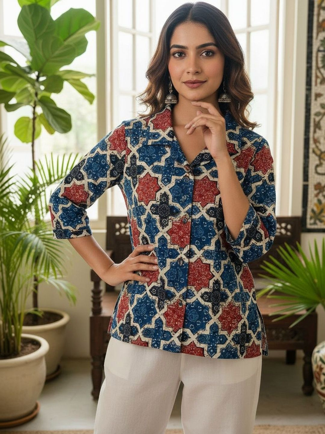 Anouk Geometric Printed Shirt Collar Pure Cotton Blend Kurti