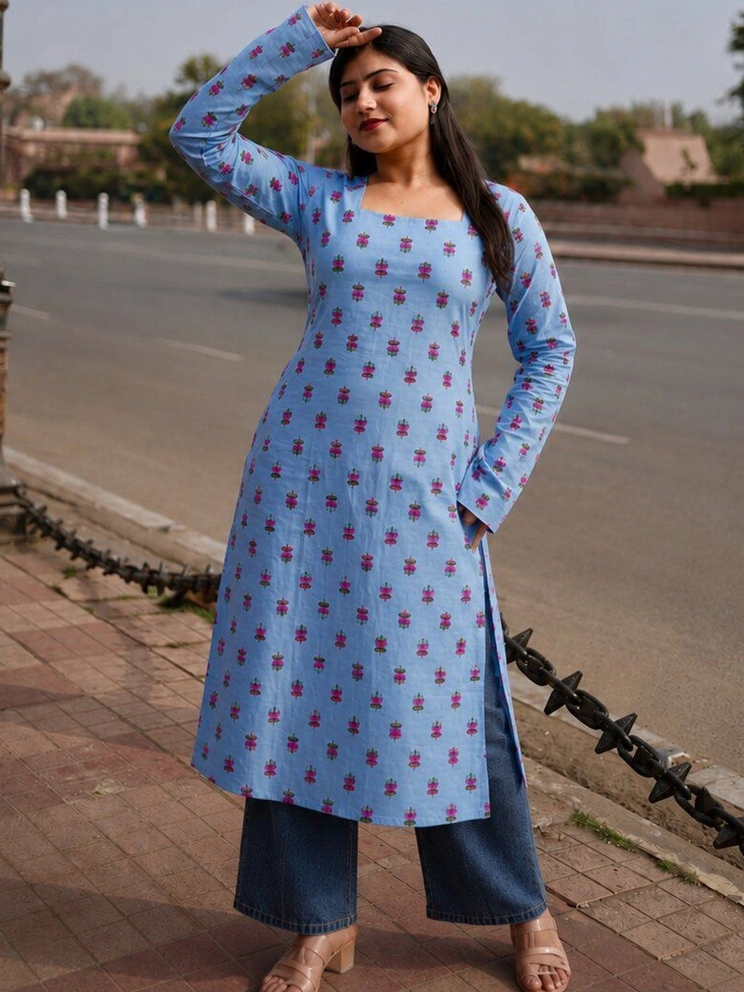mudscare Botanical Printed Square Neck Pure Cotton Kurti