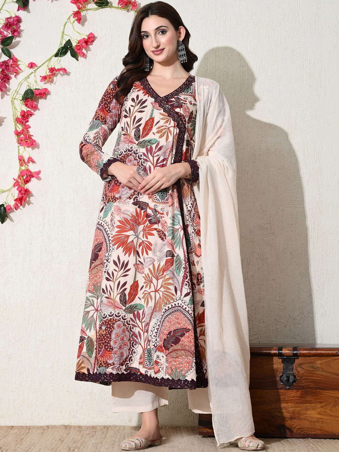 Anouk Women Floral Printed Angrakha Pure Cotton Kurta with Trousers & With Dupatta