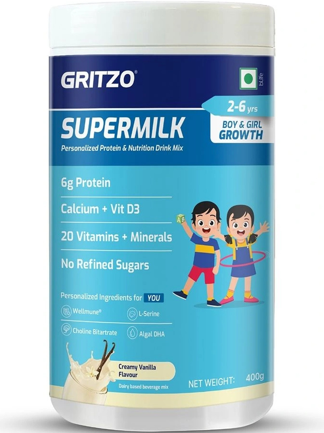 Gritzo Kids Supermilk Overall Growth- 400 g- Creamy Vanilla