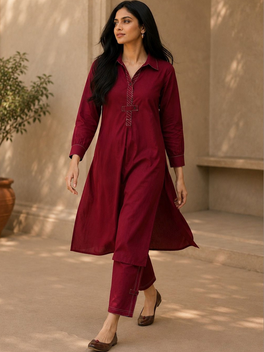 Anouk Women Regular Thread Work Pure Cotton Kurta with Trousers