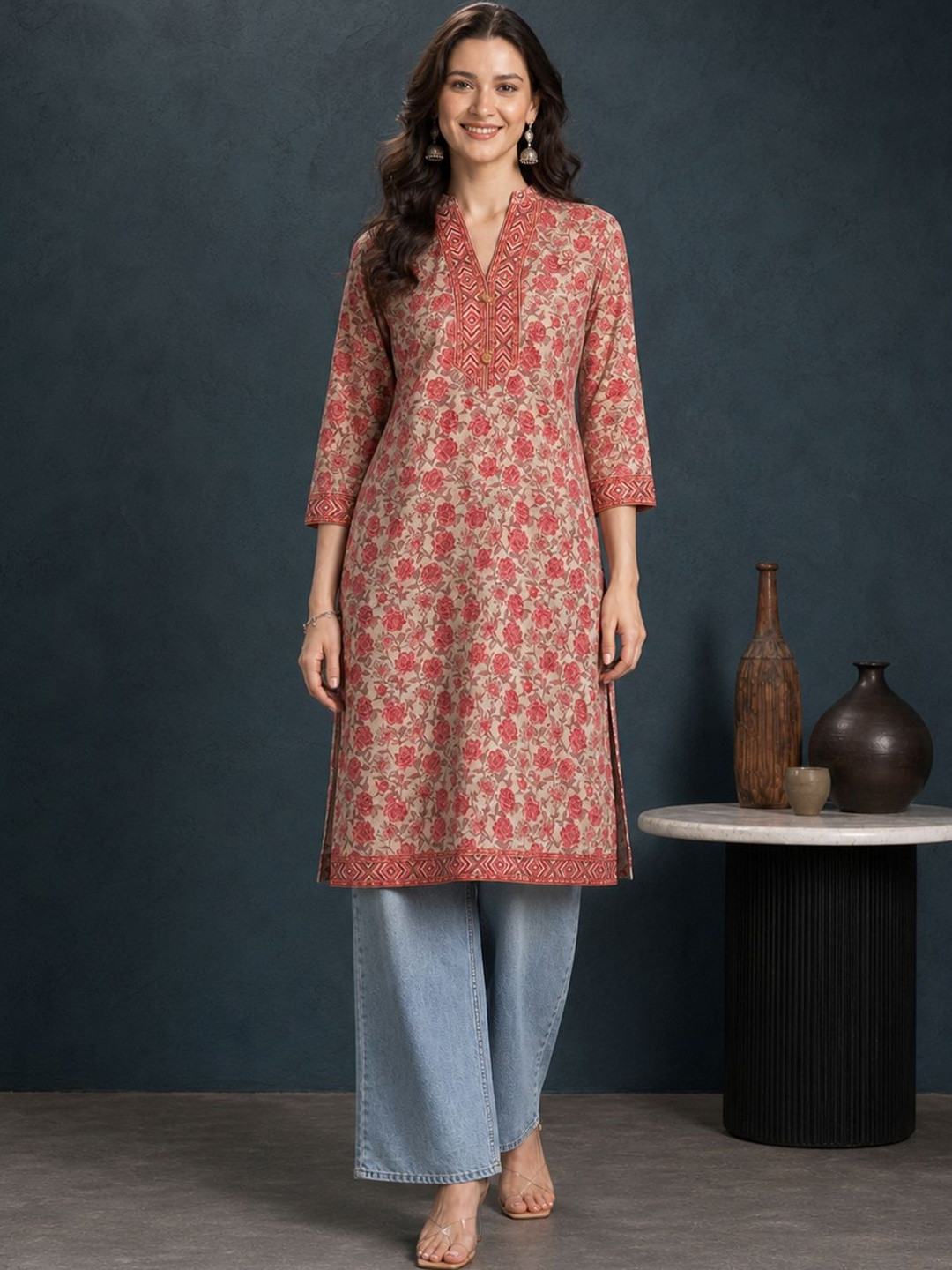 Anouk Women Cream & Pink Printed Straight Polyester Knee Length Kurta with Mandarin Collar