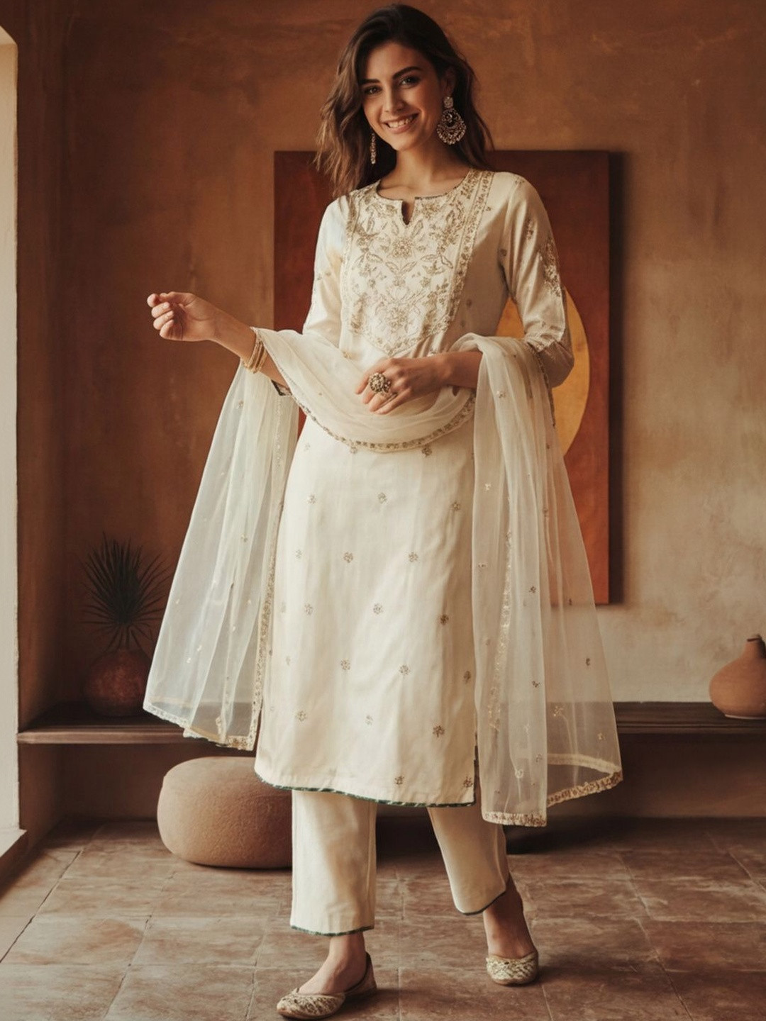 Anouk Women Ethnic Motifs Embroidered Regular Thread Work Kurta with Trousers & With Dupatta